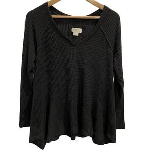 Maeve by Anthropologie Waffle Knit V-Neck Long Sleeve Top Flowy‎ Black Size M